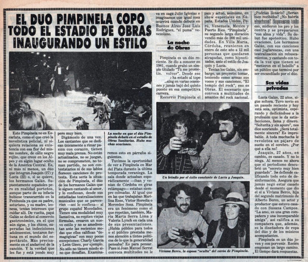 Artículo periodístico del primer recital en Obras de Pimpinela.